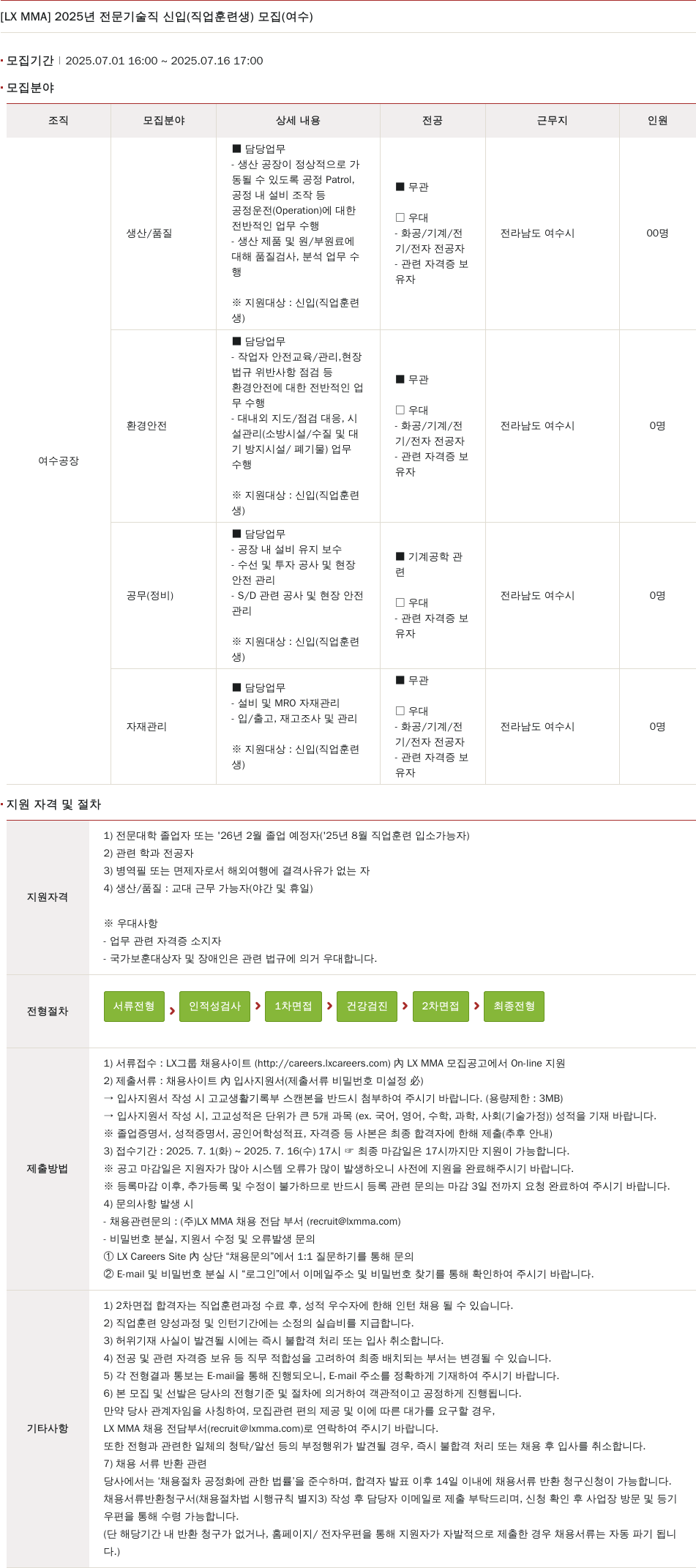 LX MMA 2025년 전문 기술직 신입(직업 훈련생) 모집(여수) 채용공고