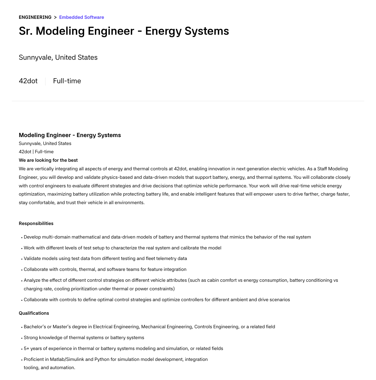 42dot Sr. Modeling Engineer - Energy Systems 채용공고