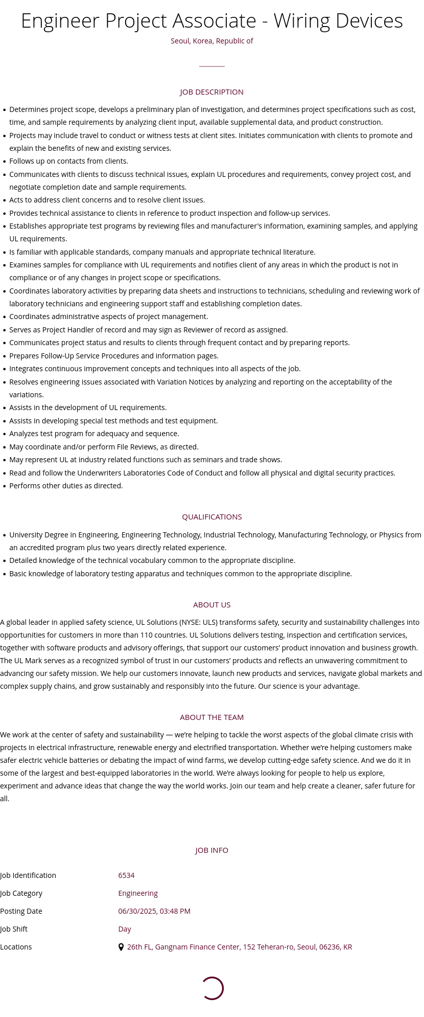 UL Solutions Project Associate - Wiring Devices Engineer 채용공고