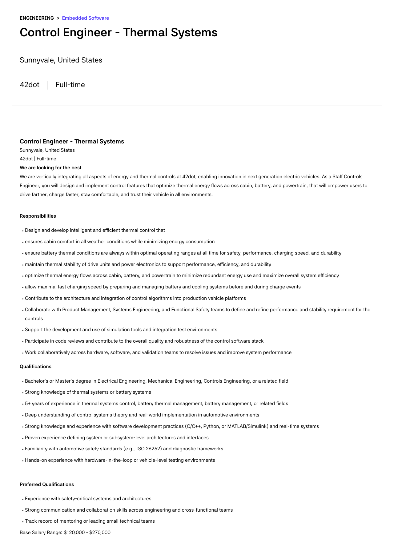 42dot Control Engineer - Thermal Systems 채용공고