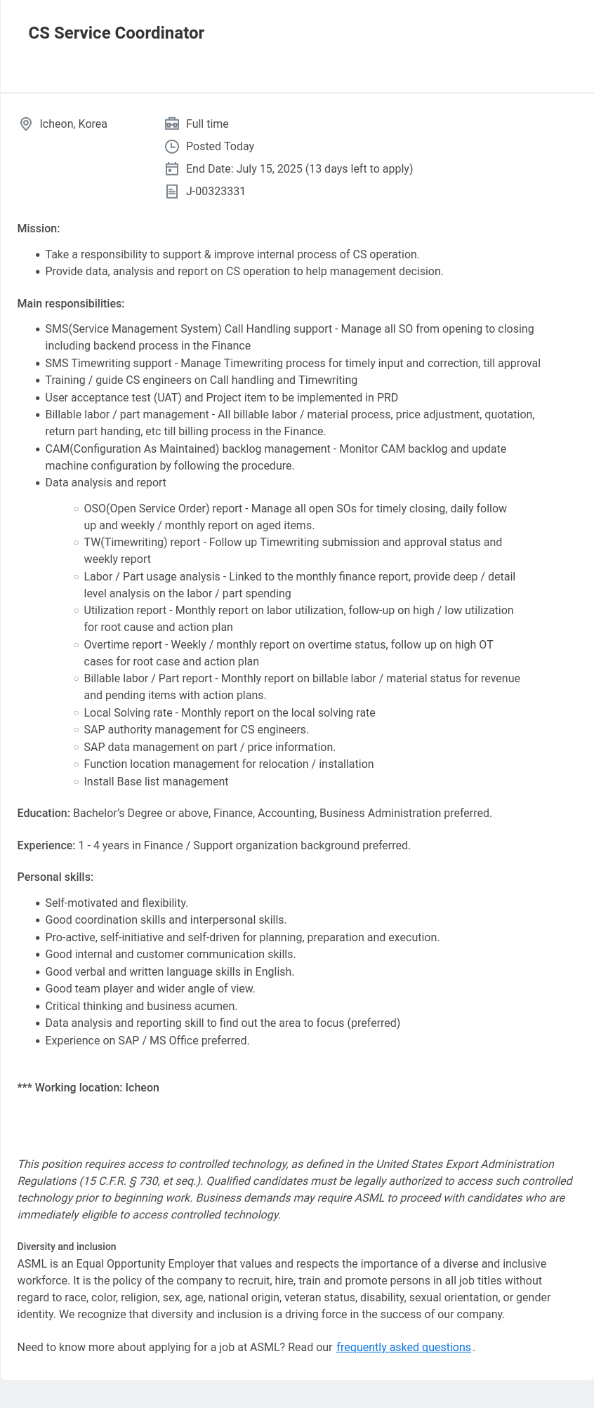 ASML CS Service Coordinator 채용공고