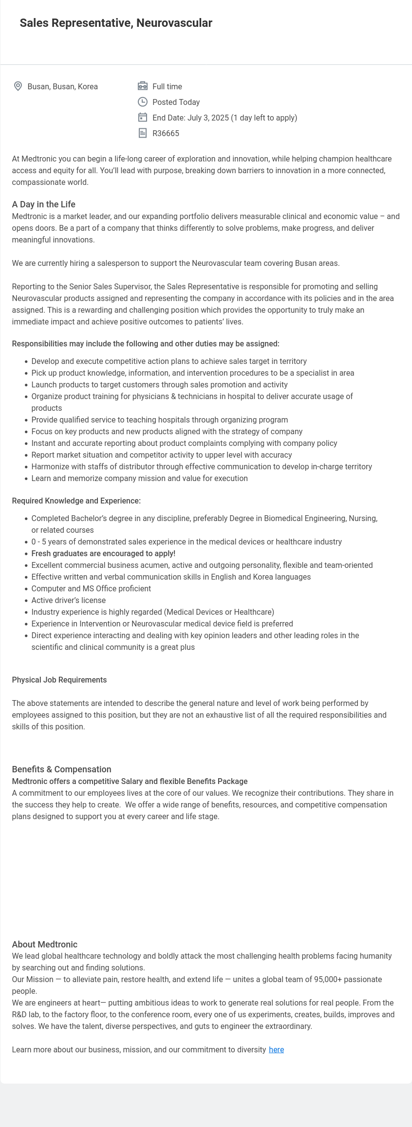 메드트로닉 Sales Representative, Neurovascular 채용공고