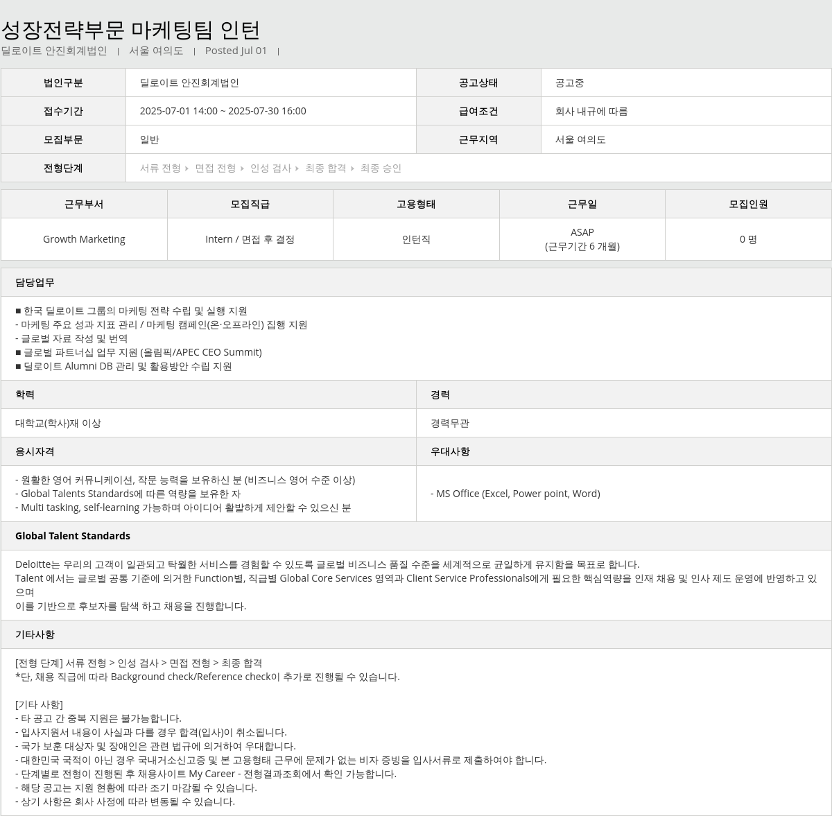 딜로이트안진 성장 전략 부문 마케팅 팀 인턴 채용공고