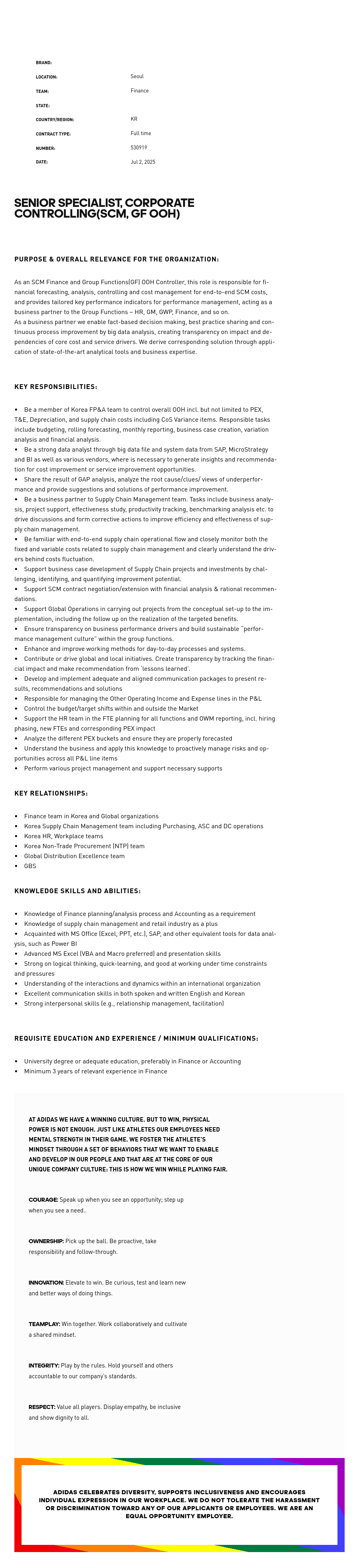 아디다스 Senior Specialist, Corporate Controlling (SCM, GF OOH) 채용공고