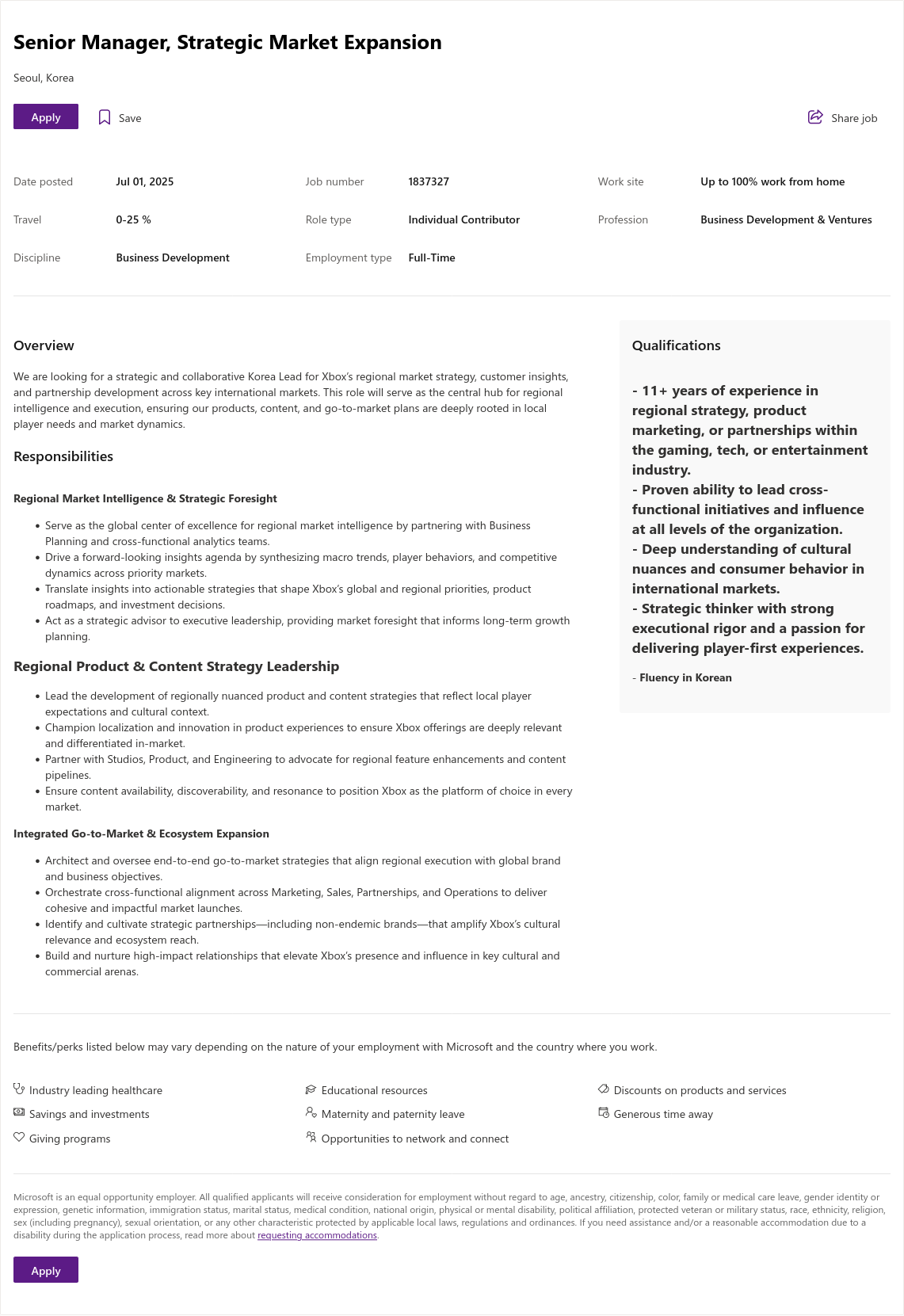 마이크로소프트(Microsoft) Senior Manager, Strategic Market Expansion 채용공고