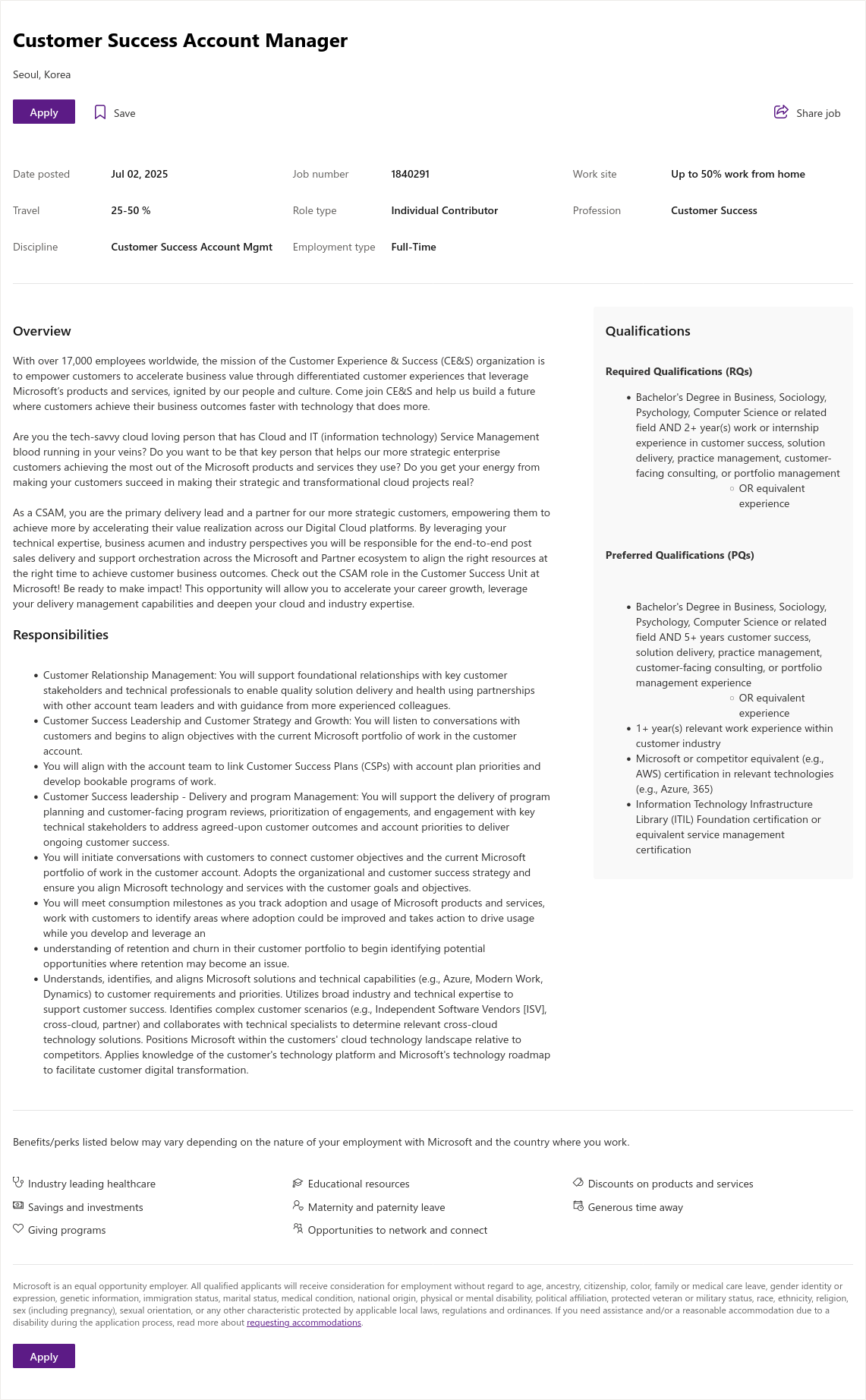 마이크로소프트(Microsoft) Customer Success Account Manager 채용공고