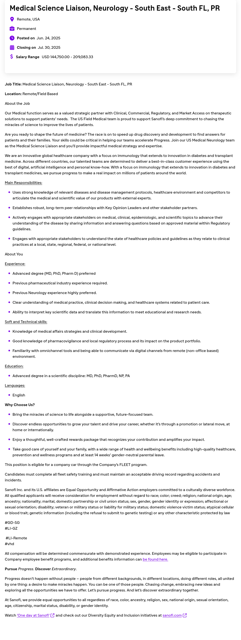 사노피 Medical Science Liaison, Neurology - South East - South FL, PR 채용공고
