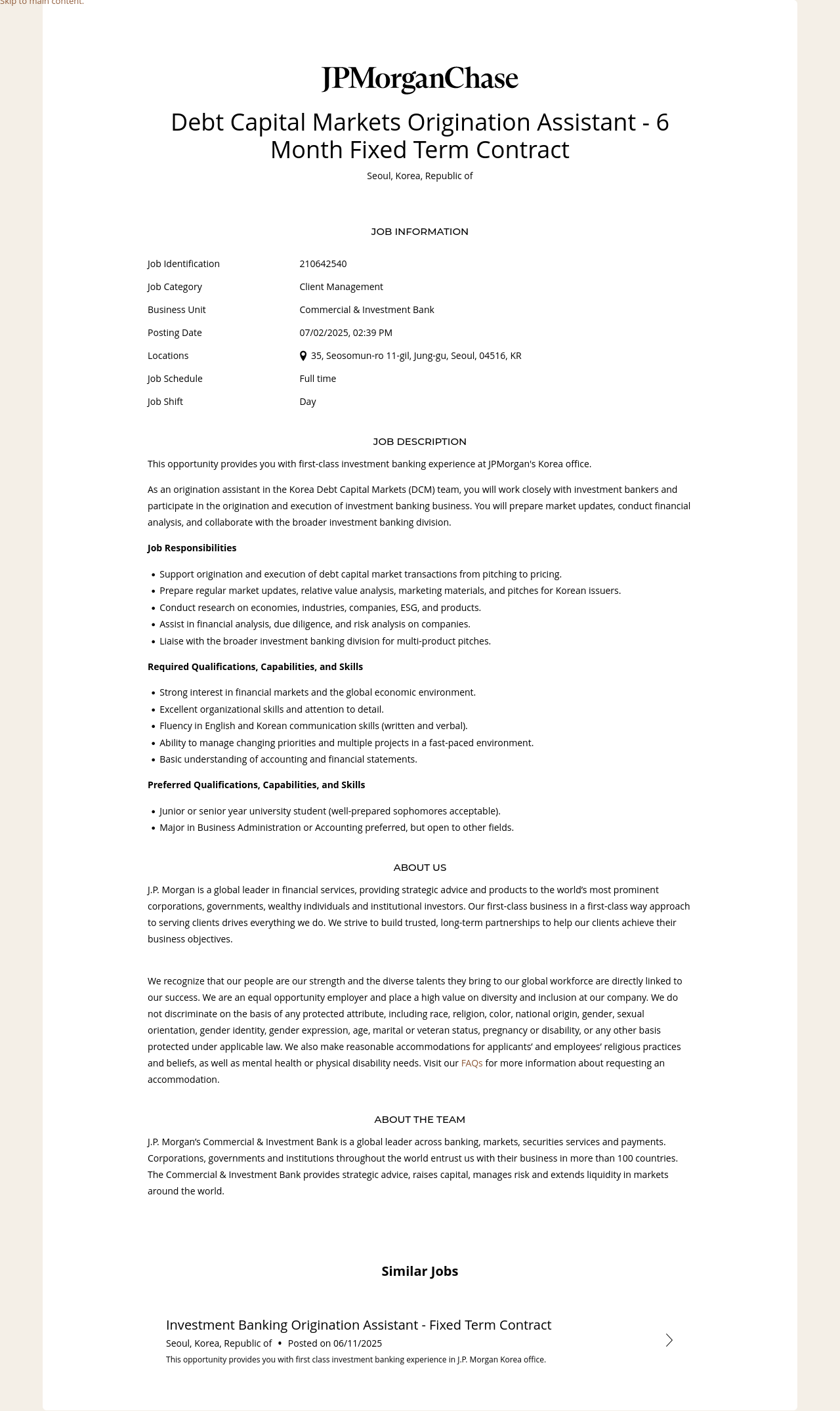 JPMorganChase Debt Capital Markets Origination Assistant - 6 Month Fixed Term Contract 채용공고