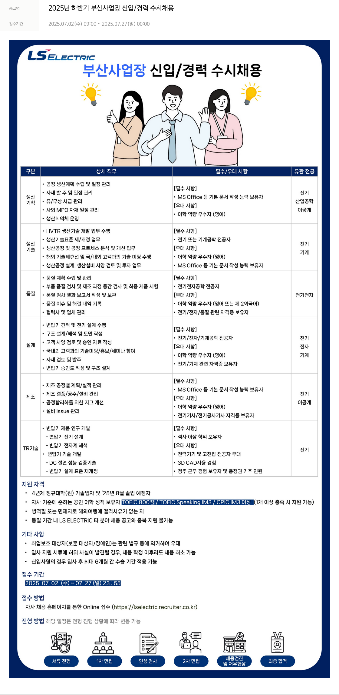 LS일렉트릭 2025년 하반기 부산 사업장 신입/경력 수시 채용 채용공고