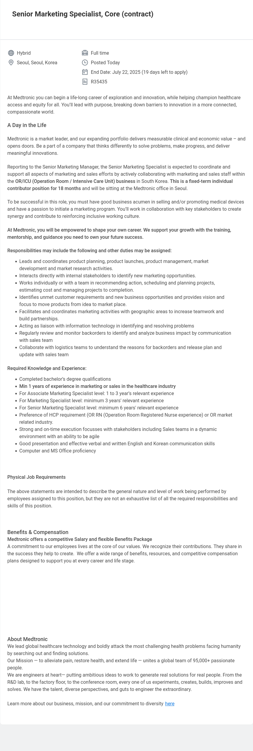 메드트로닉 Senior Marketing Specialist, Core (contract) 채용공고