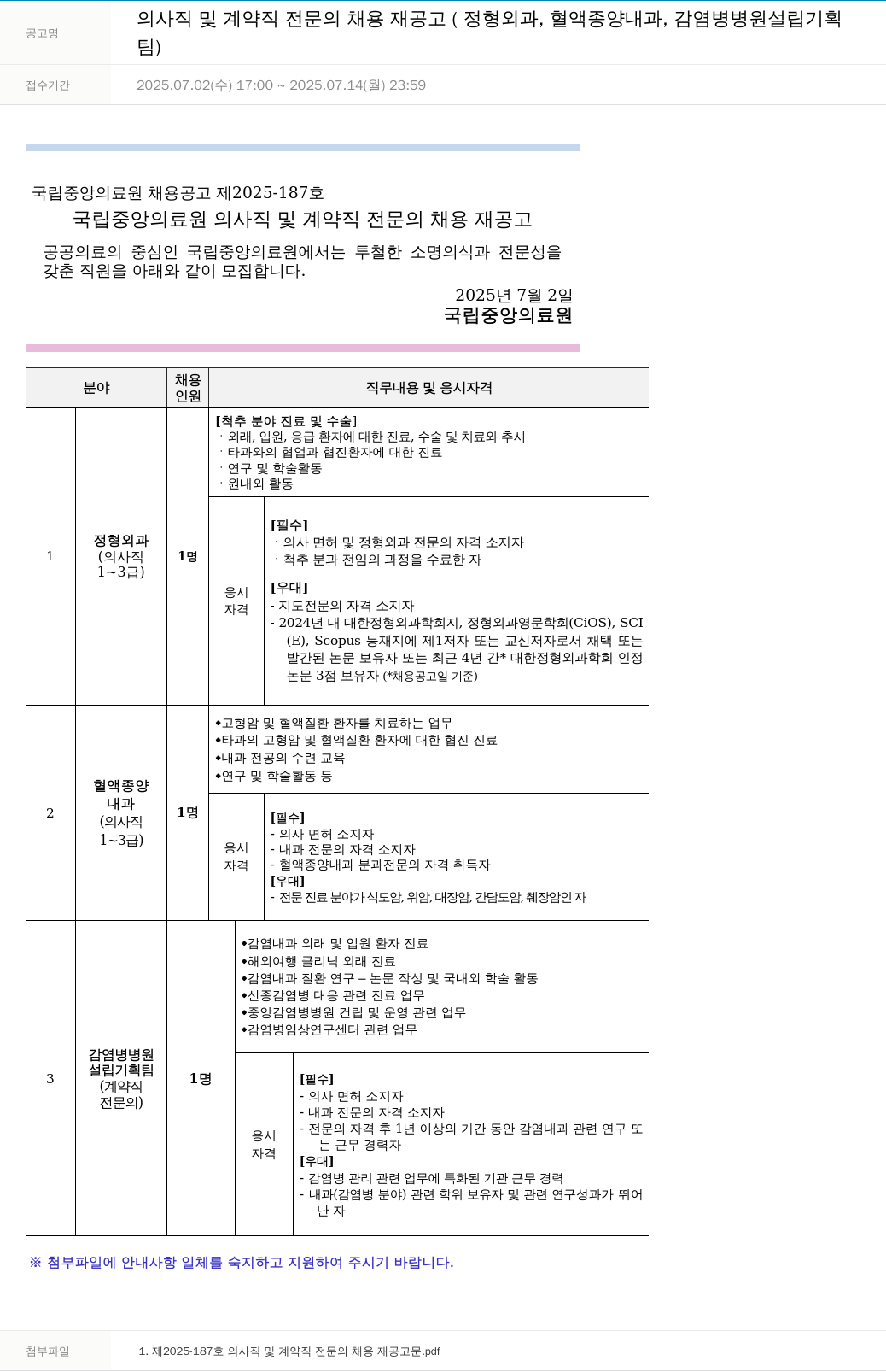 국립중앙의료원 의사직 및 계약직 전문의 채용 재공고 (정형외과, 혈액종양내과, 감염병병원 설립 기획팀) 채용공고