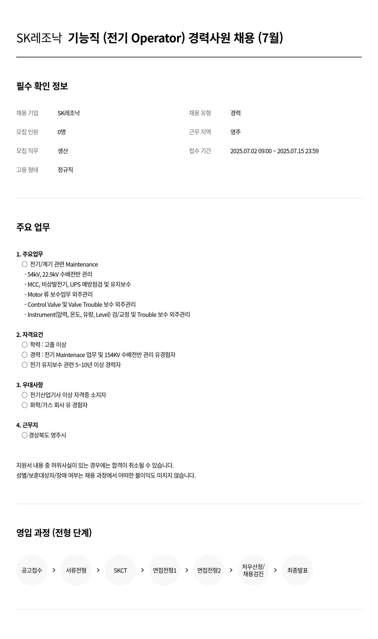 SK레조낙 SK 레조 낙 기능직 (전기 Operator) 경력 사원 채용 (7월) 채용공고