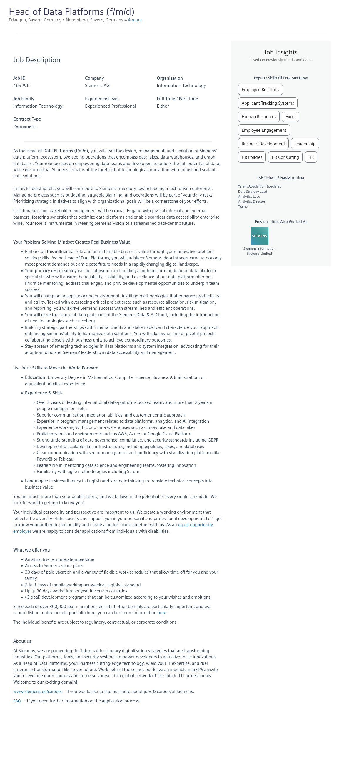 지멘스 Head of Data Platforms (f/m/d) 채용공고