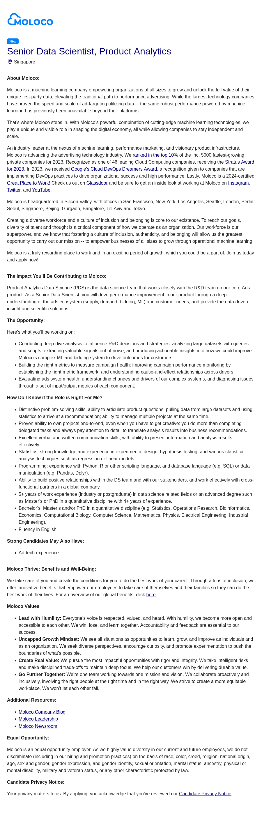 몰로코 Senior Data Scientist, Product Analytics 채용공고