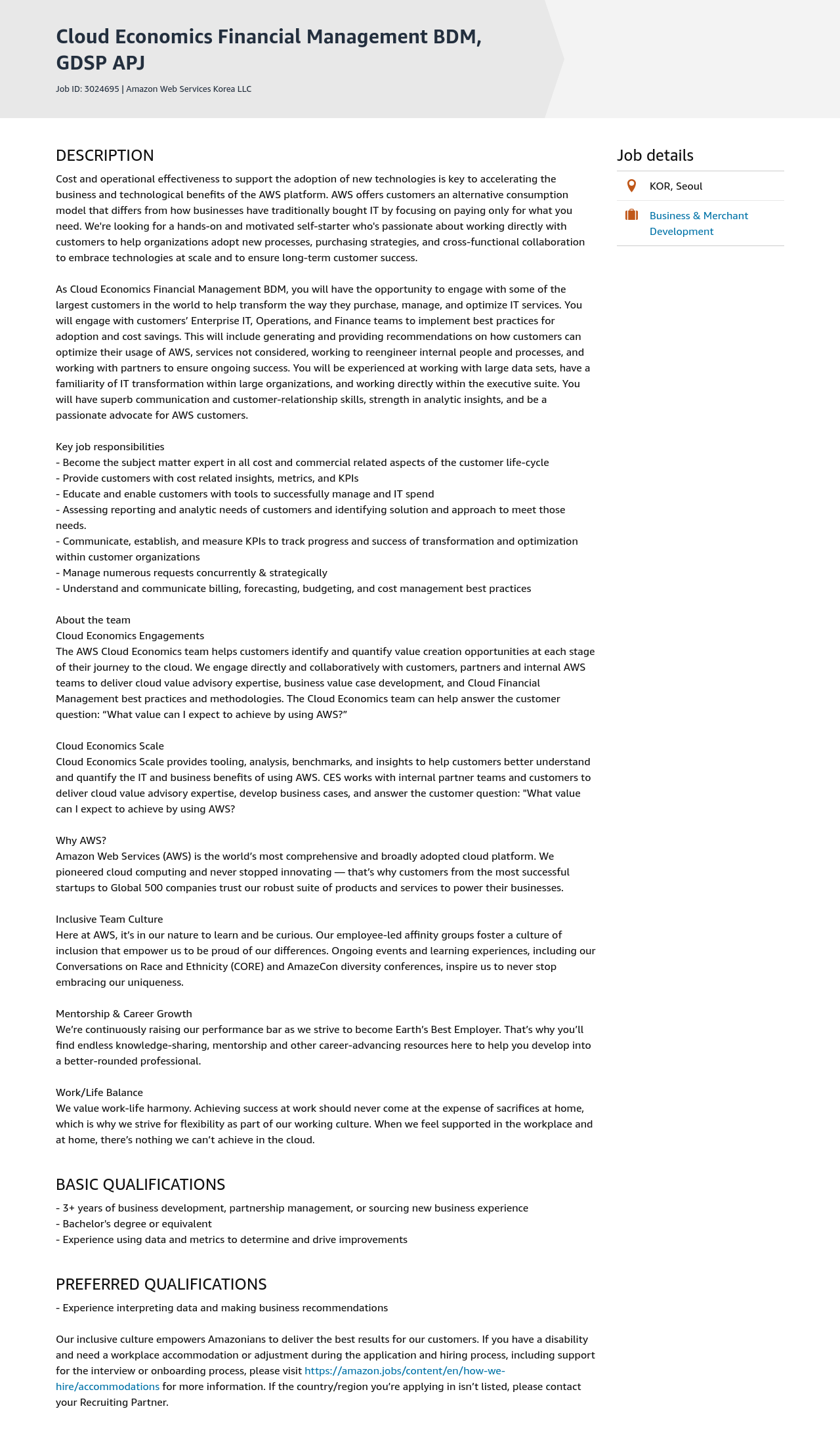 AWS Cloud Economics Financial Management BDM, GDSP APJ 채용공고