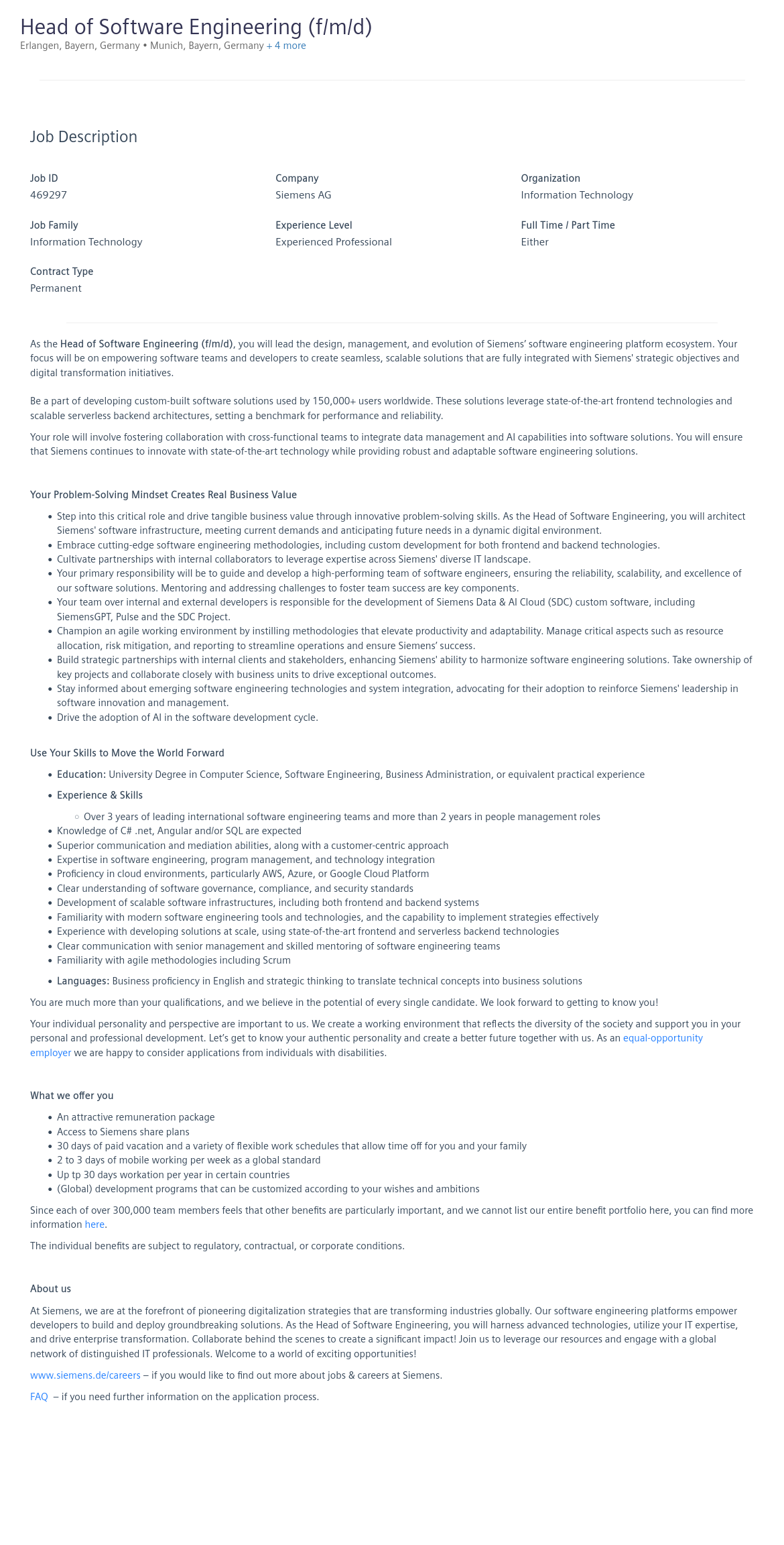 지멘스 Head of Software Engineering (f/m/d) 채용공고