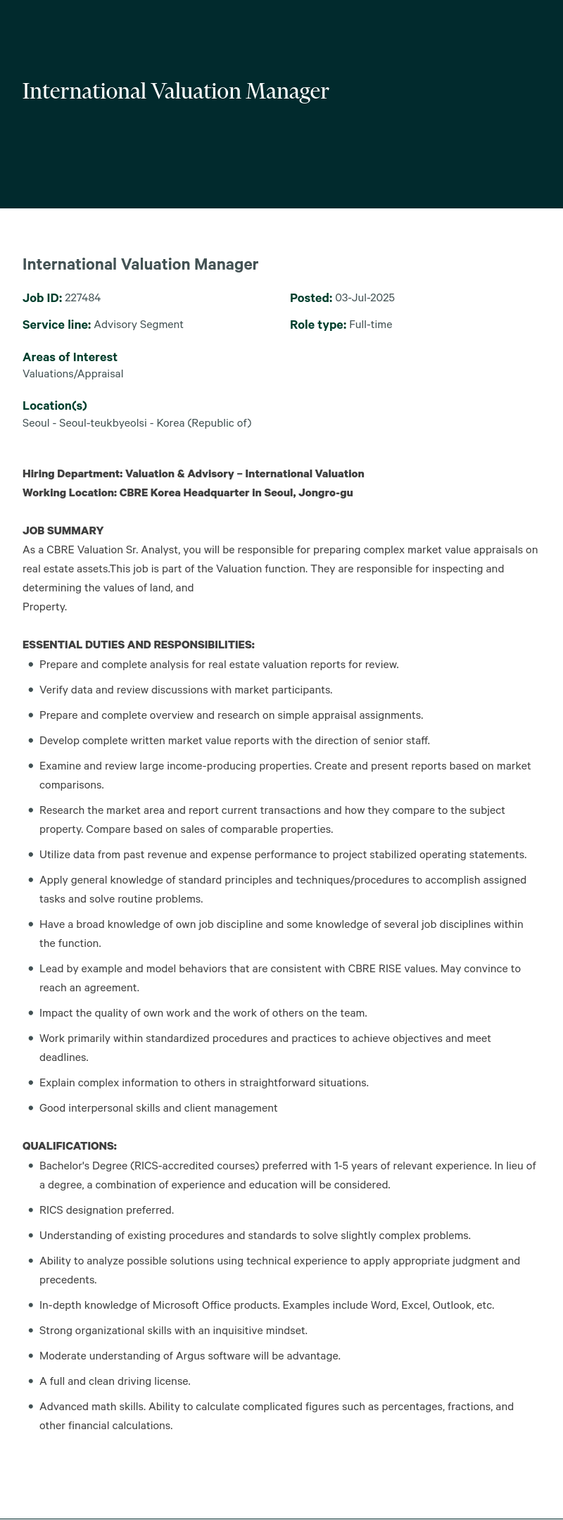 CBRE코리아 International Valuation Manager 채용공고