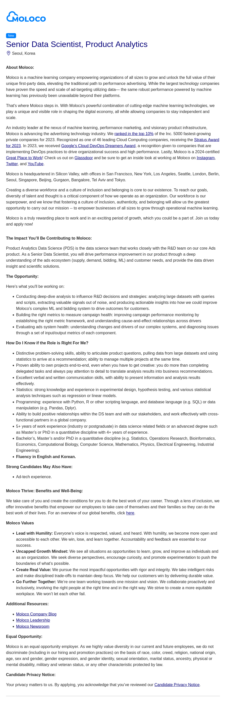 몰로코 Senior Data Scientist, Product Analytics 채용공고