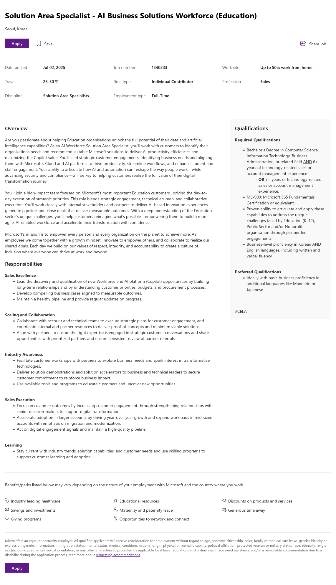 마이크로소프트(Microsoft) Solution Area Specialist - AI Business Solutions Workforce (Education) 채용공고