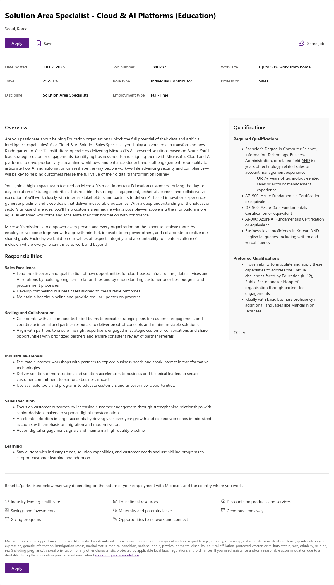 마이크로소프트(Microsoft) Solution Area Specialist - Cloud & AI Platforms (Education) 채용공고