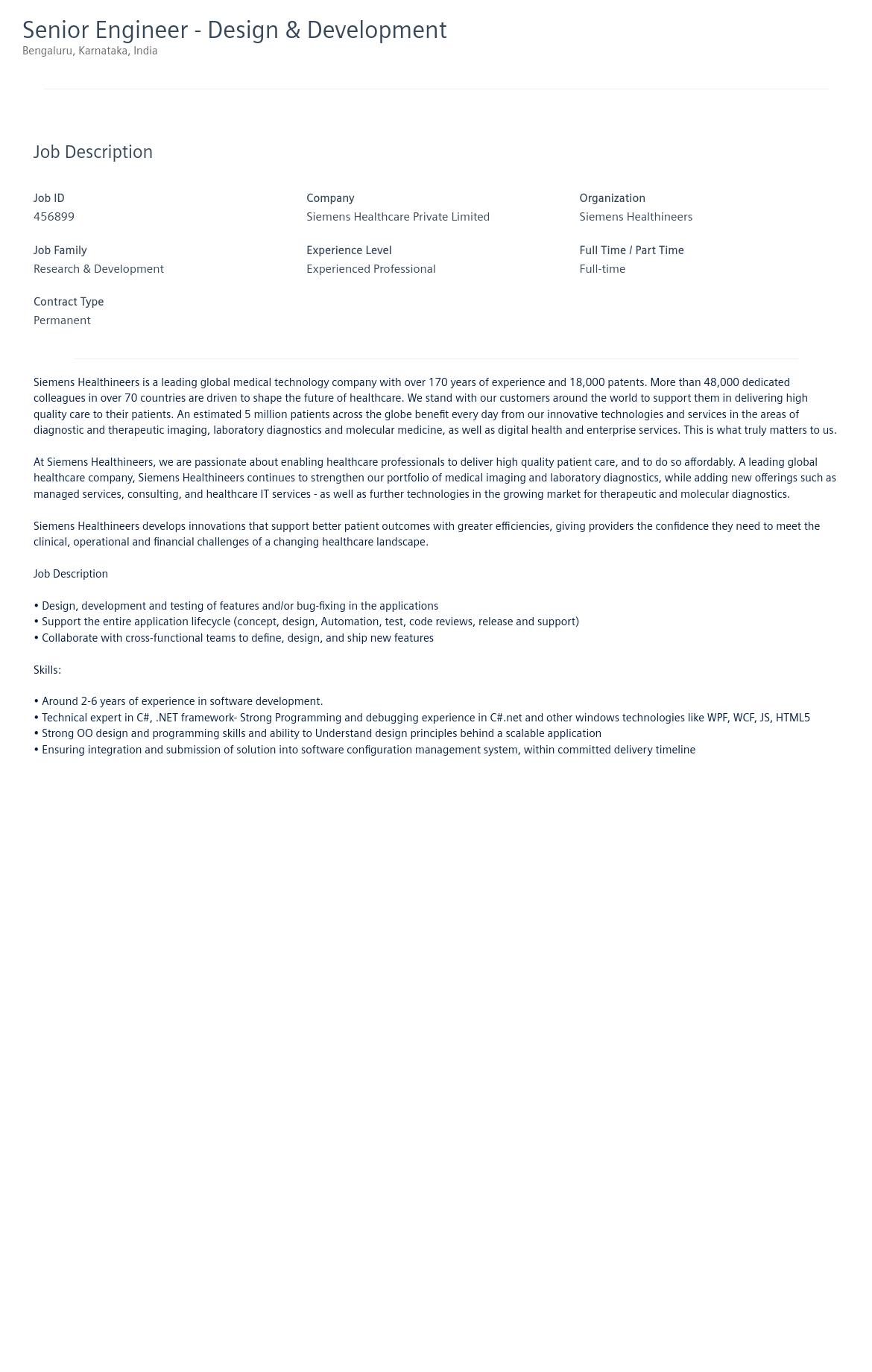 SiemensHealthineers Senior Engineer - Design & Development 채용공고