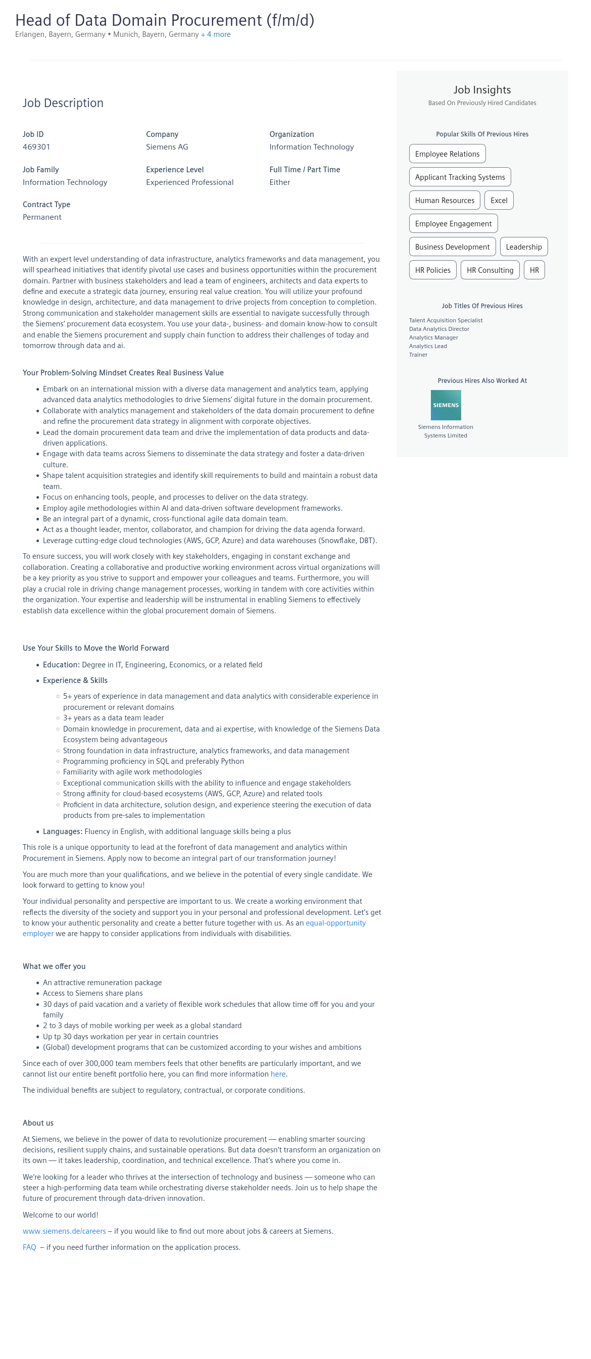 지멘스 Head of Data Domain Procurement (f/m/d) 채용공고