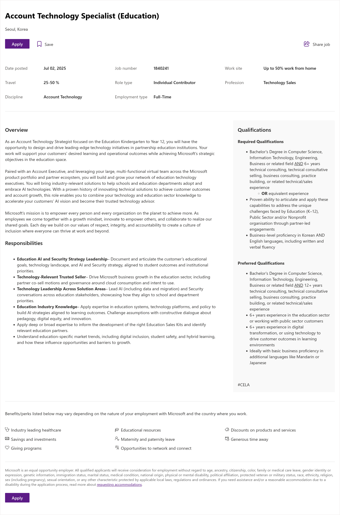 마이크로소프트(Microsoft) Account Technology Specialist (Education) 채용공고