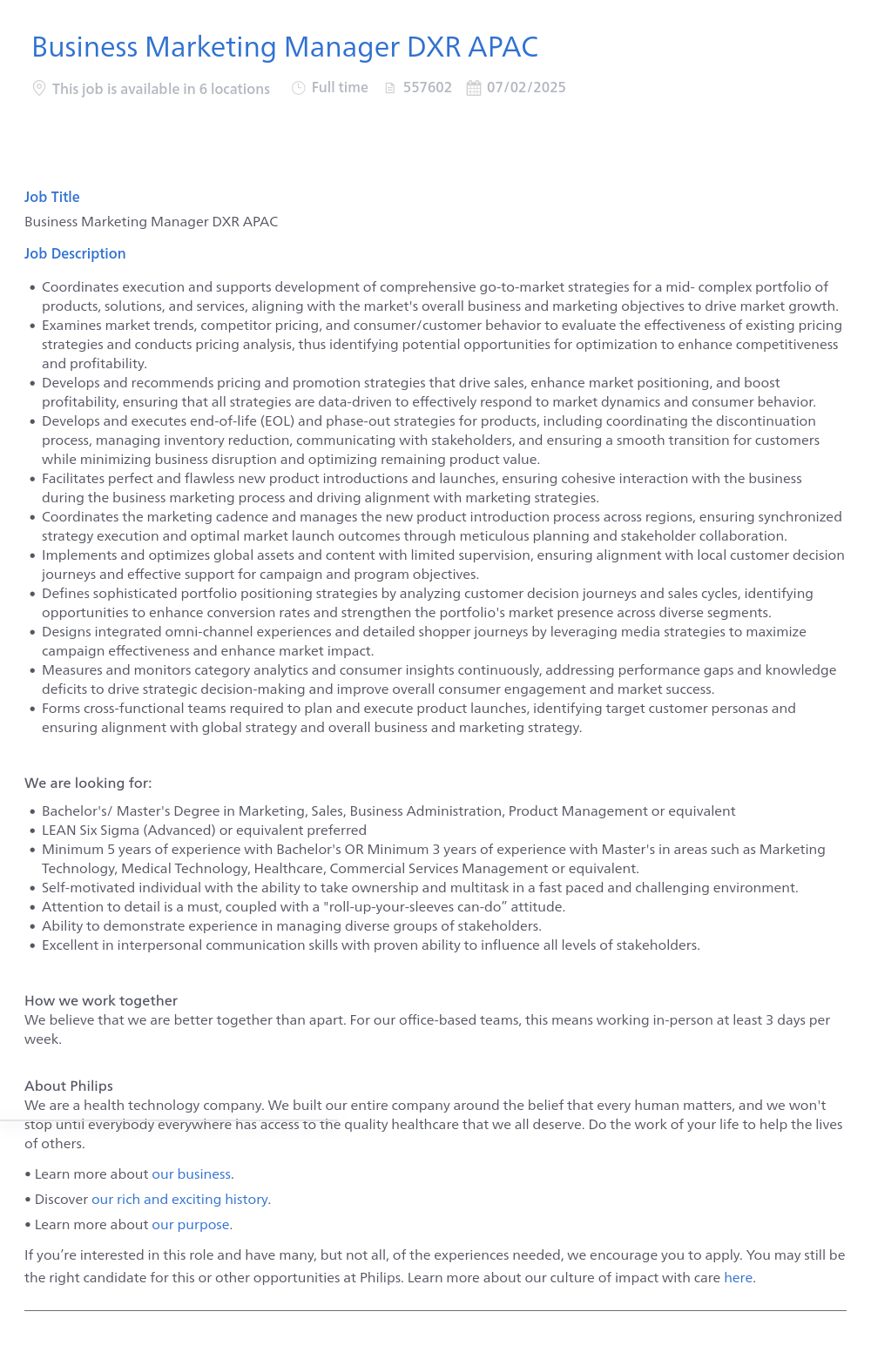 필립스 Business Marketing Manager DXR APAC 채용공고
