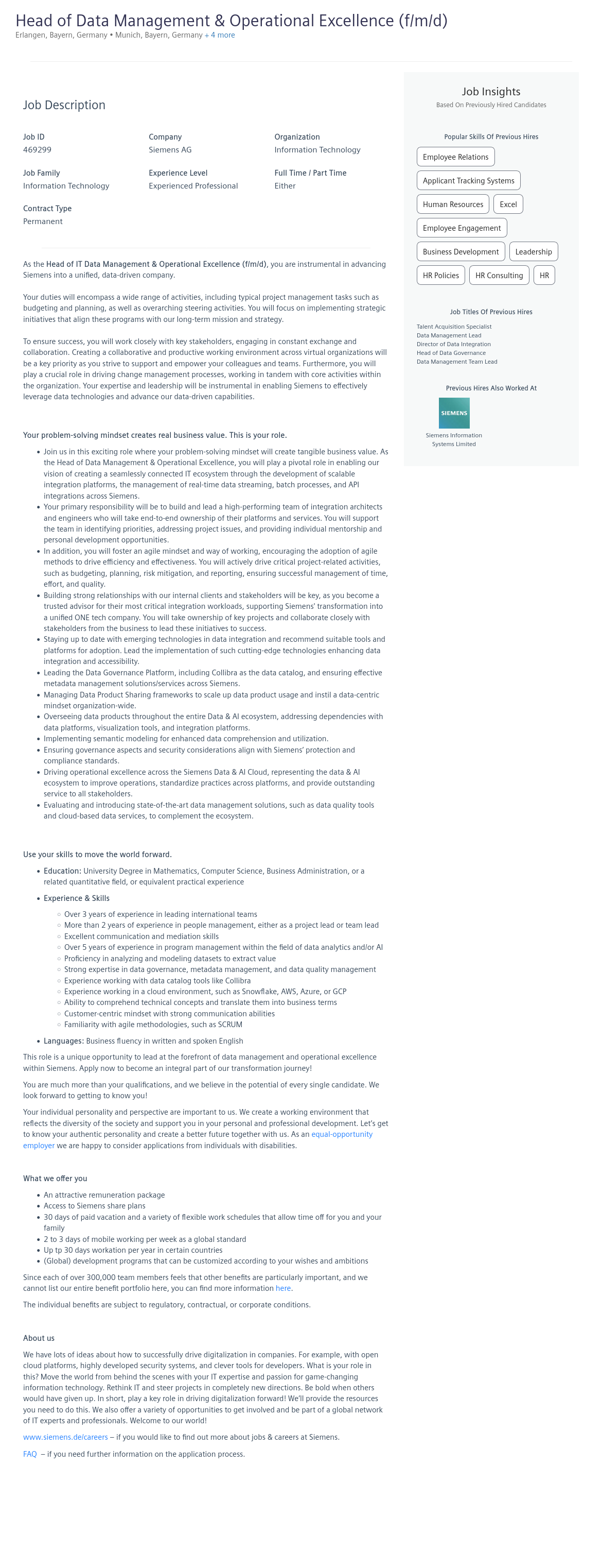 지멘스 Head of Data Management & Operational Excellence (f/m/d) 채용공고