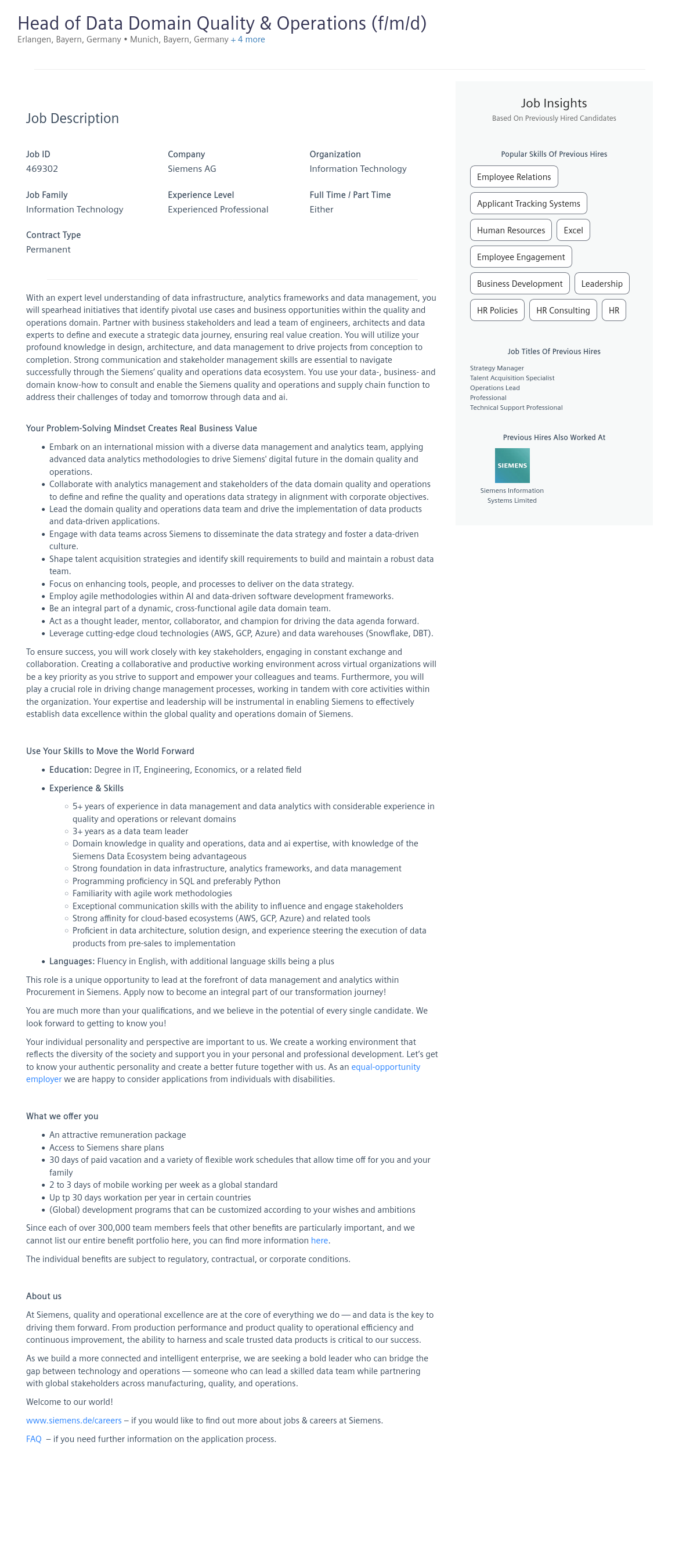 지멘스 Head of Data Domain – Quality & Operations (f/m/d) 채용공고