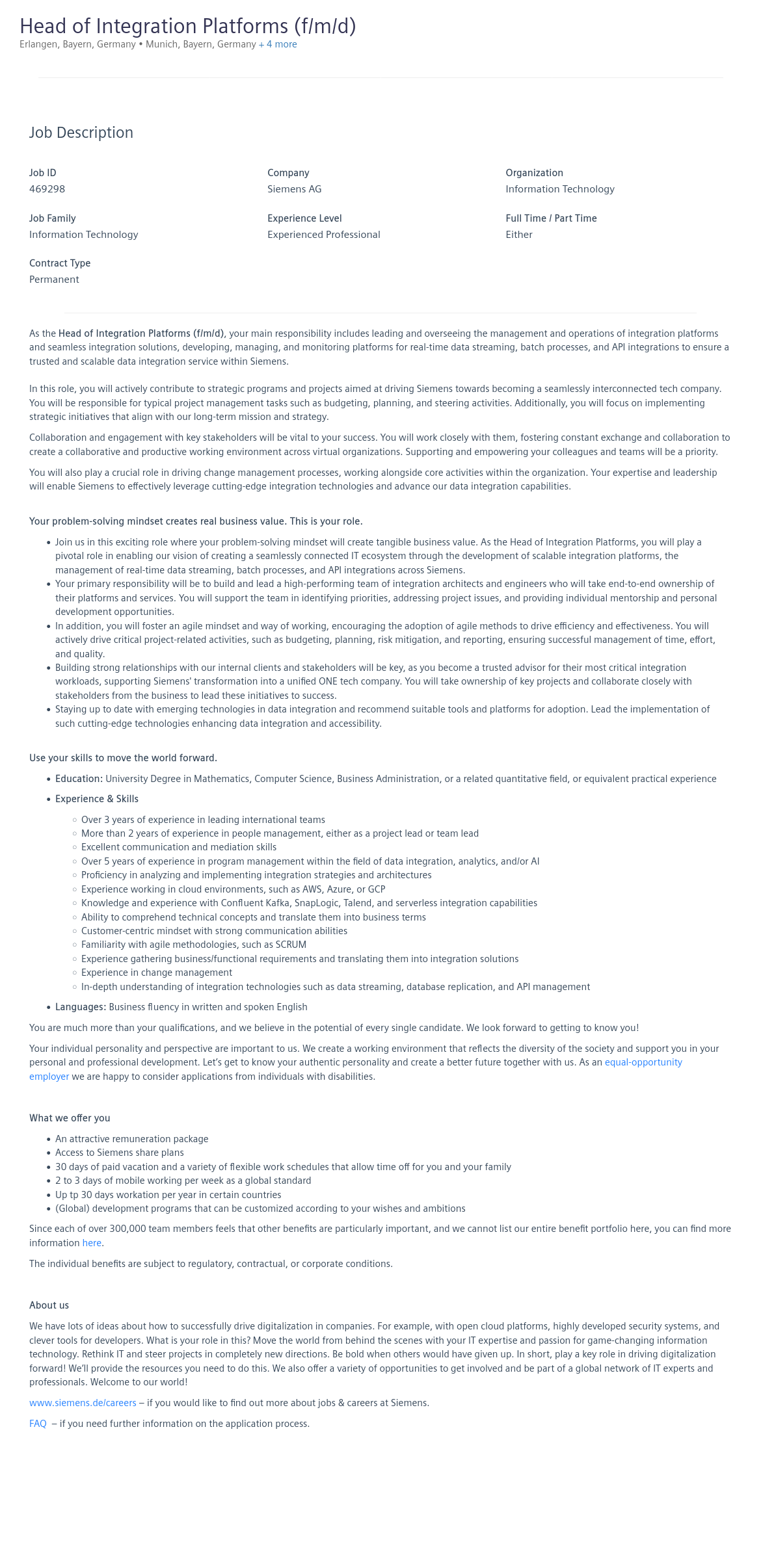 지멘스 Head of Integration Platforms (f/m/d) 채용공고