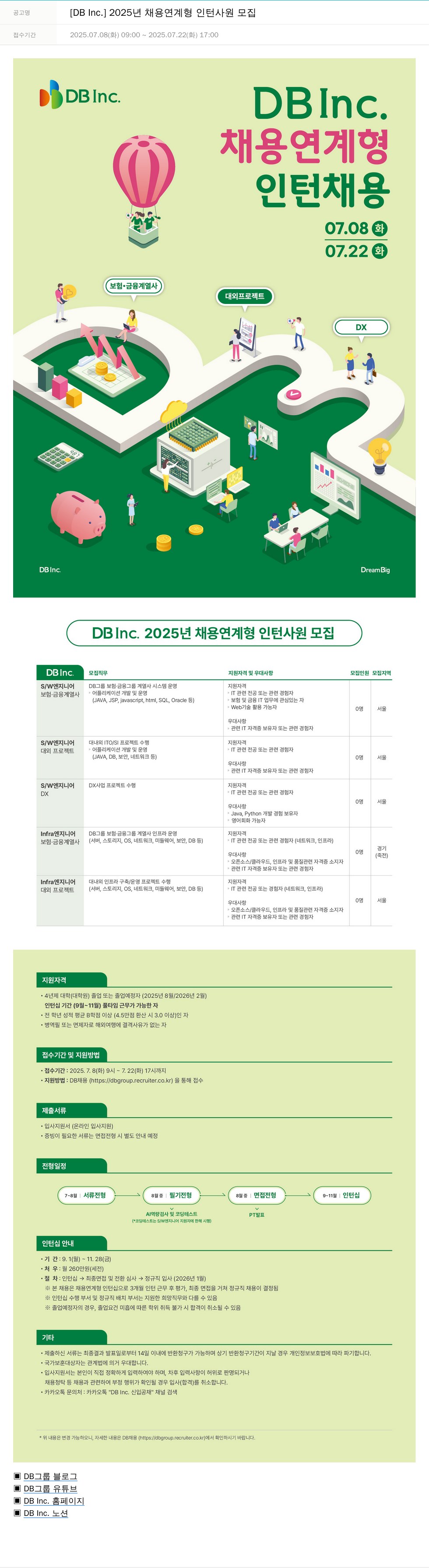 DB Inc. 2025년 채용 연계형 인턴 사원 모집 채용공고