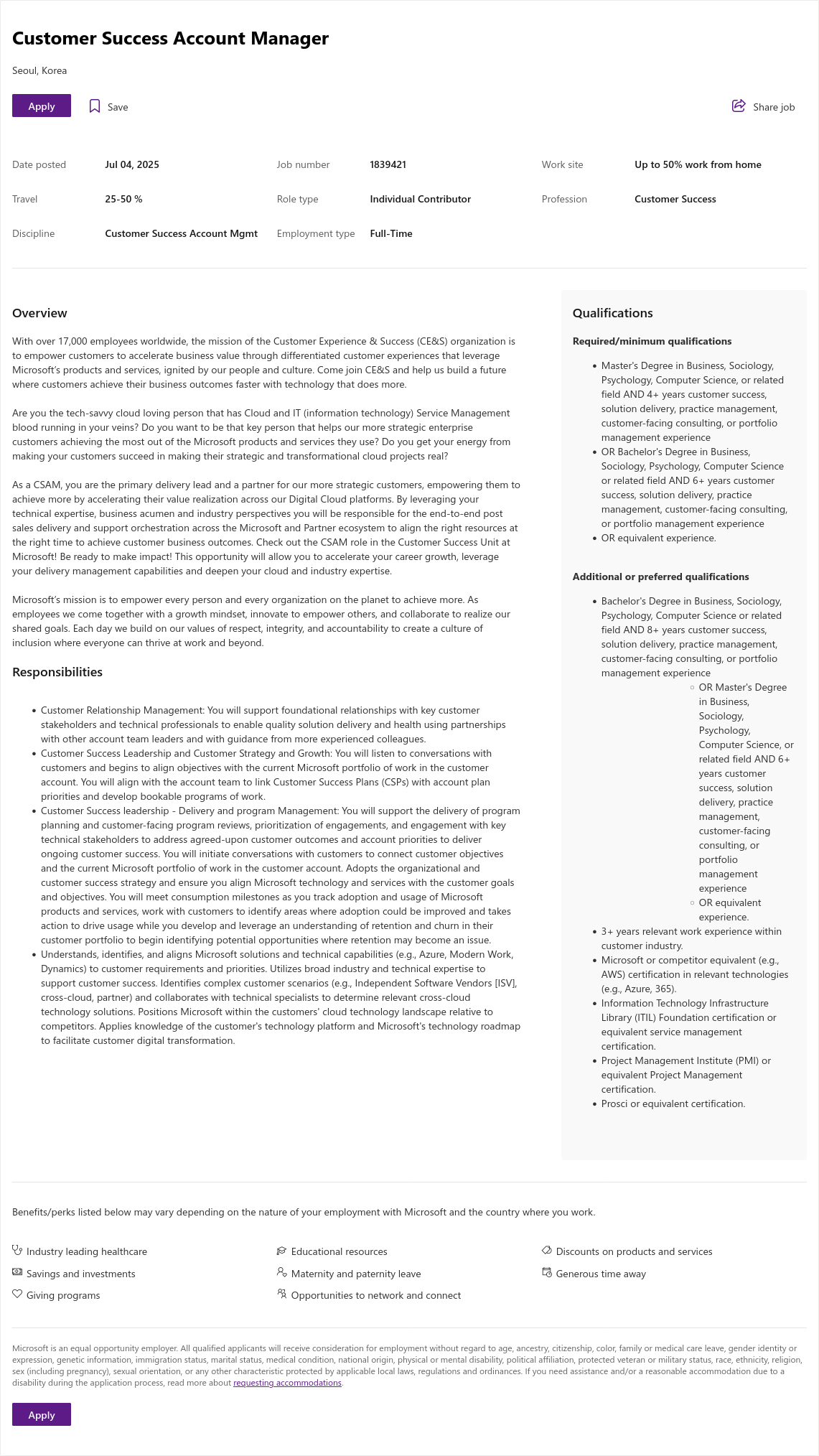 마이크로소프트(Microsoft) Customer Success Account Manager 채용공고
