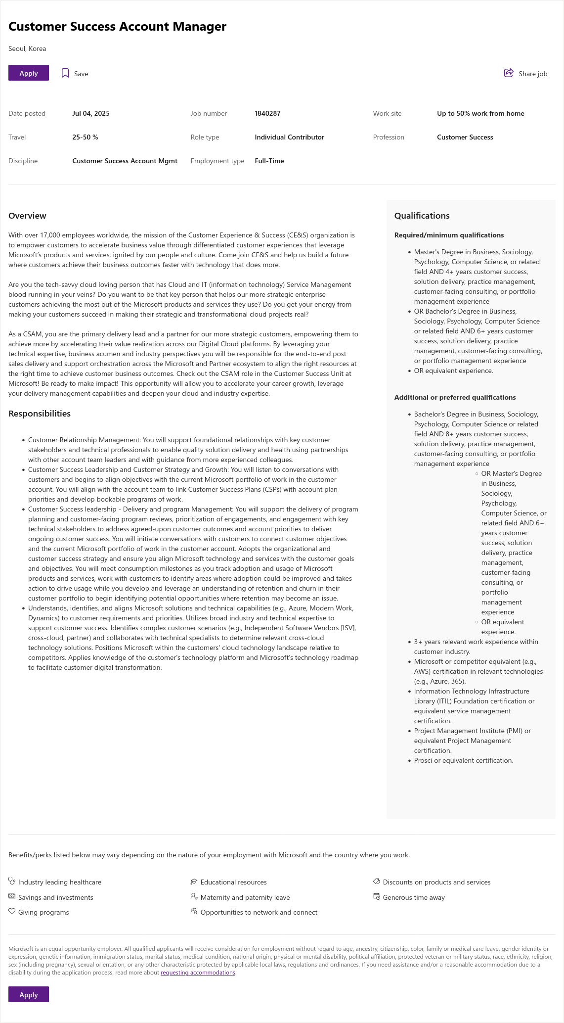 마이크로소프트(Microsoft) Customer Success Account Manager 채용공고