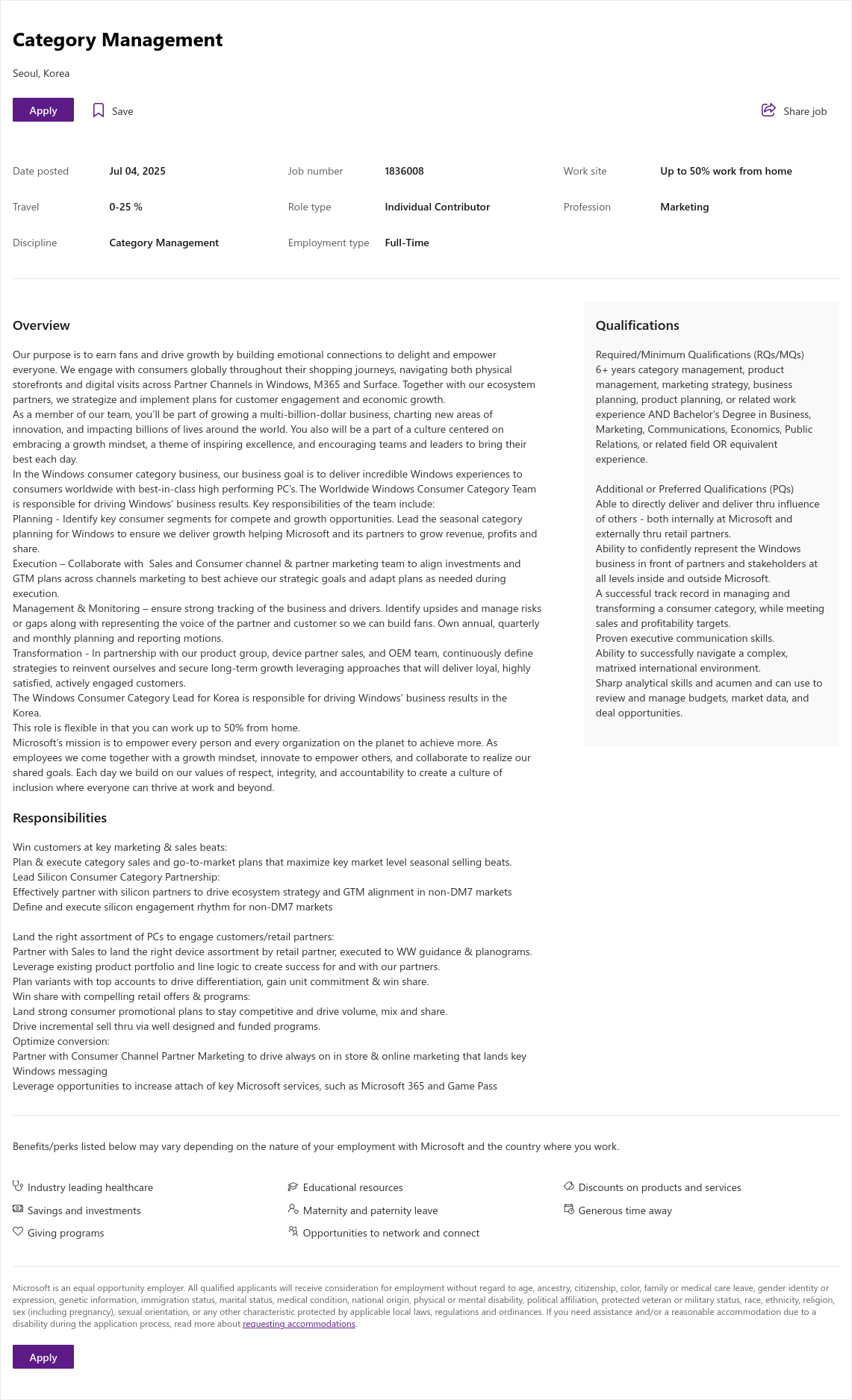 마이크로소프트(Microsoft) Category Management (Windows Consumer Category Lead for Korea) 채용공고