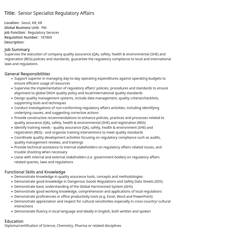 DKSH코리아 Senior Specialist Regulatory Affairs 채용공고