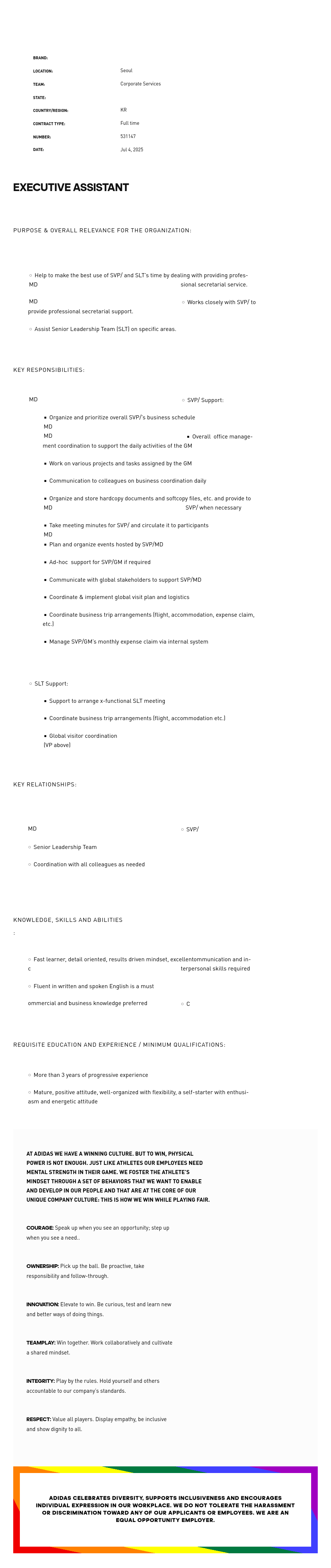 아디다스 Executive Assistant 채용 채용공고