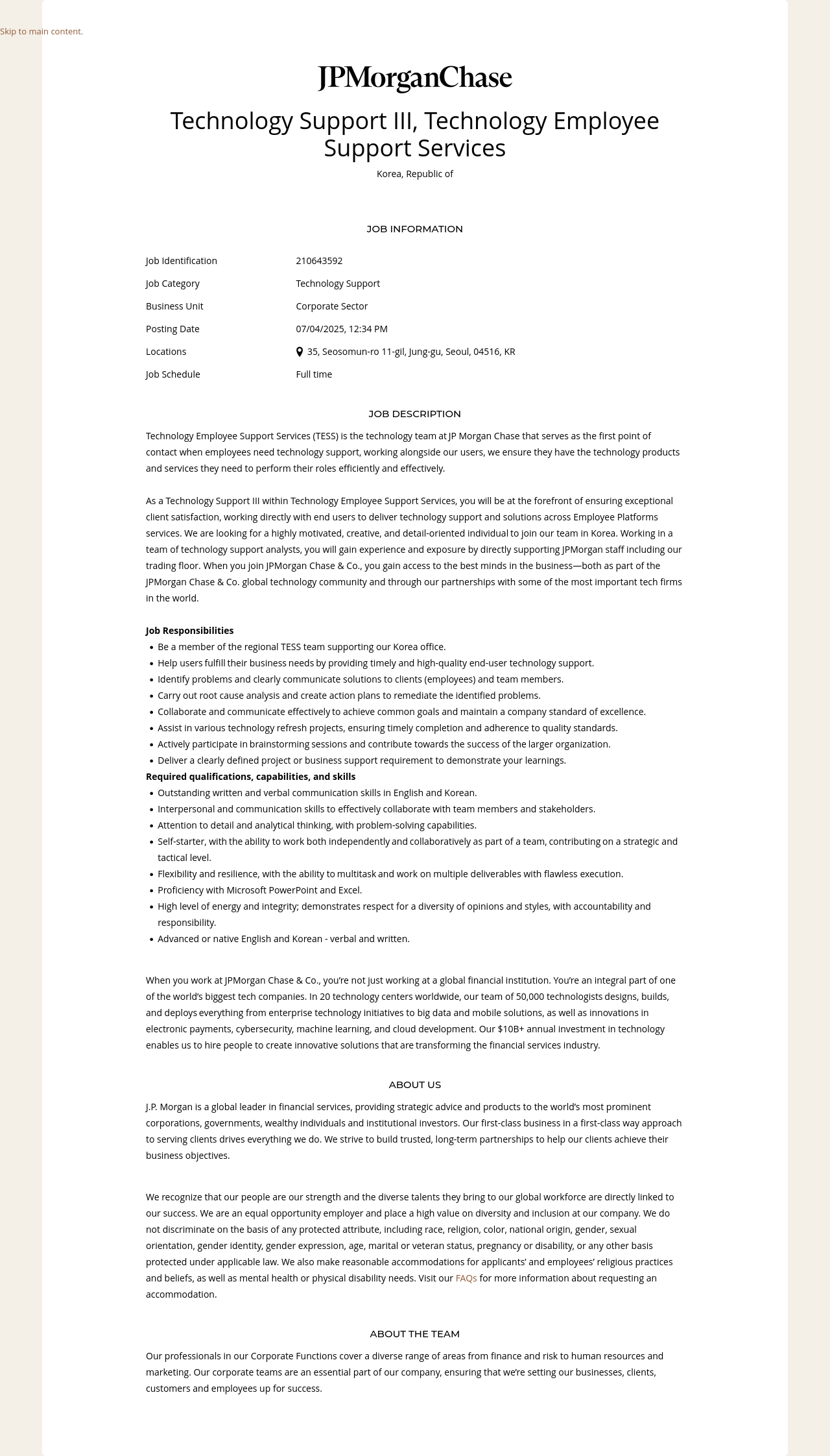 JPMorganChase Technology Support III, Technology Employee Support Services 채용공고