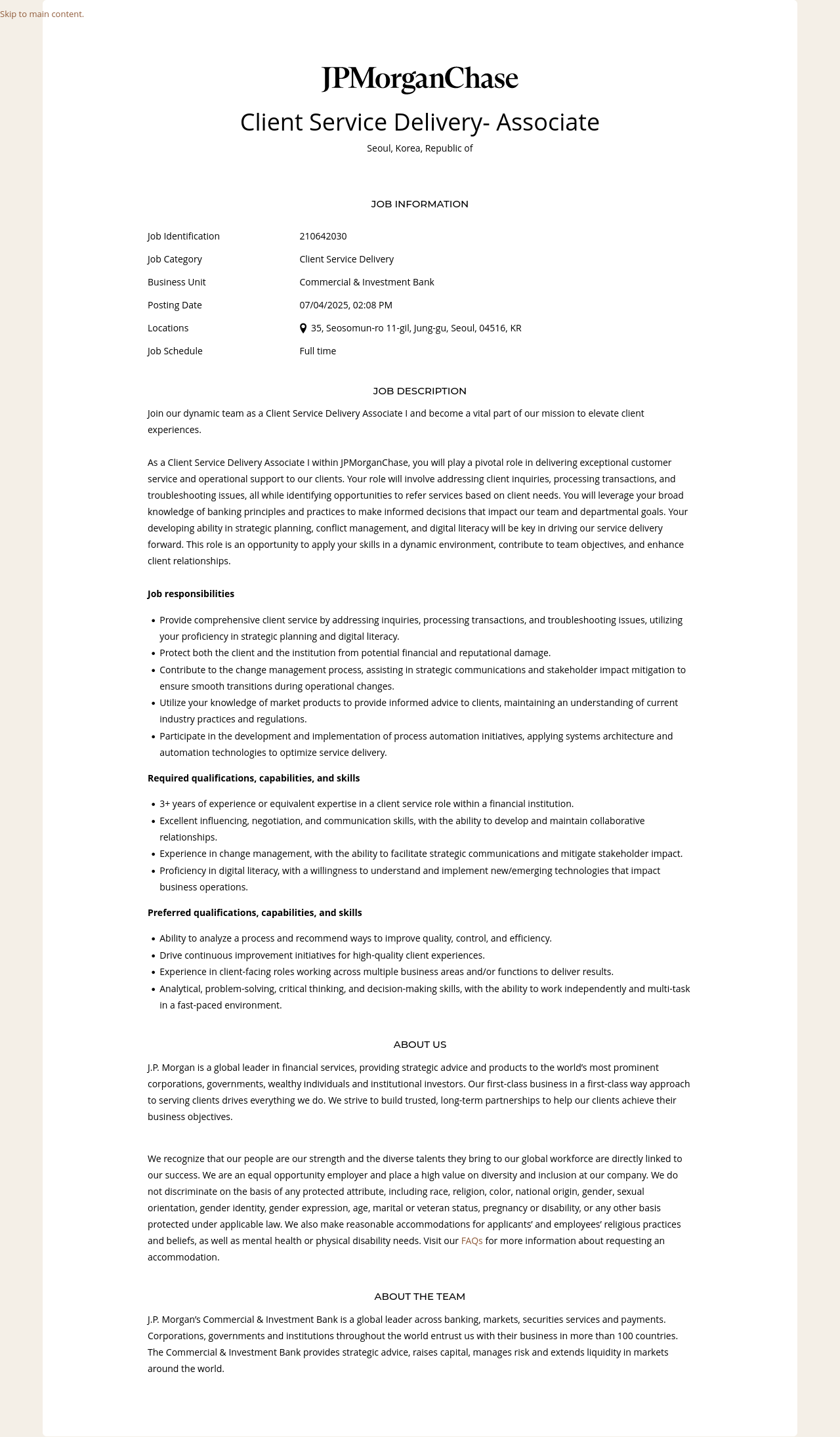JPMorganChase Client Service Delivery- Associate 채용공고