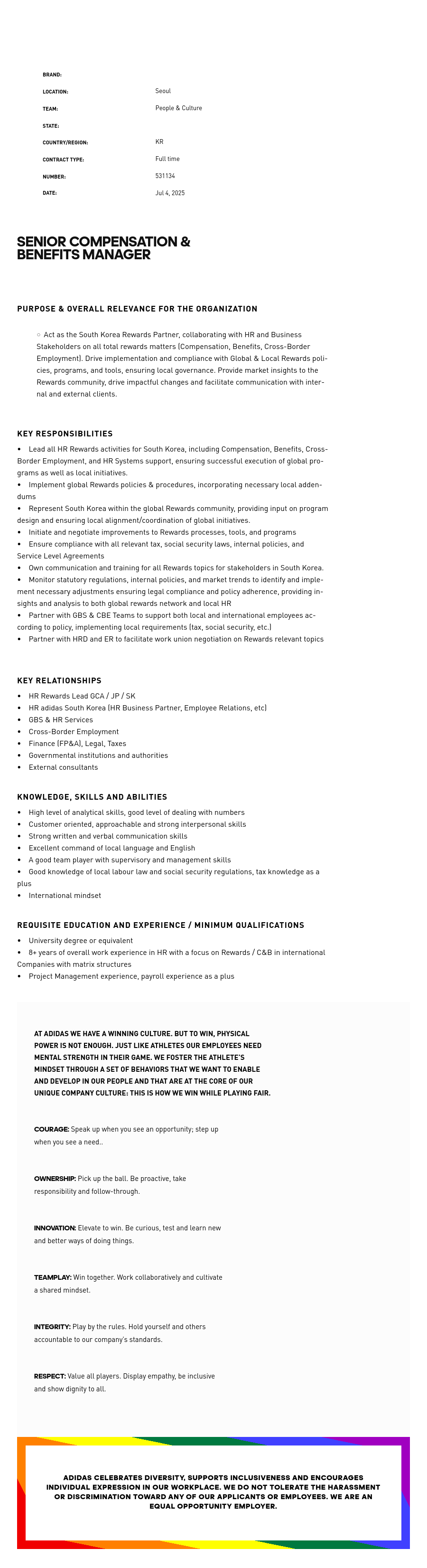 아디다스 Senior Compensation & Benefits Manager 채용 채용공고