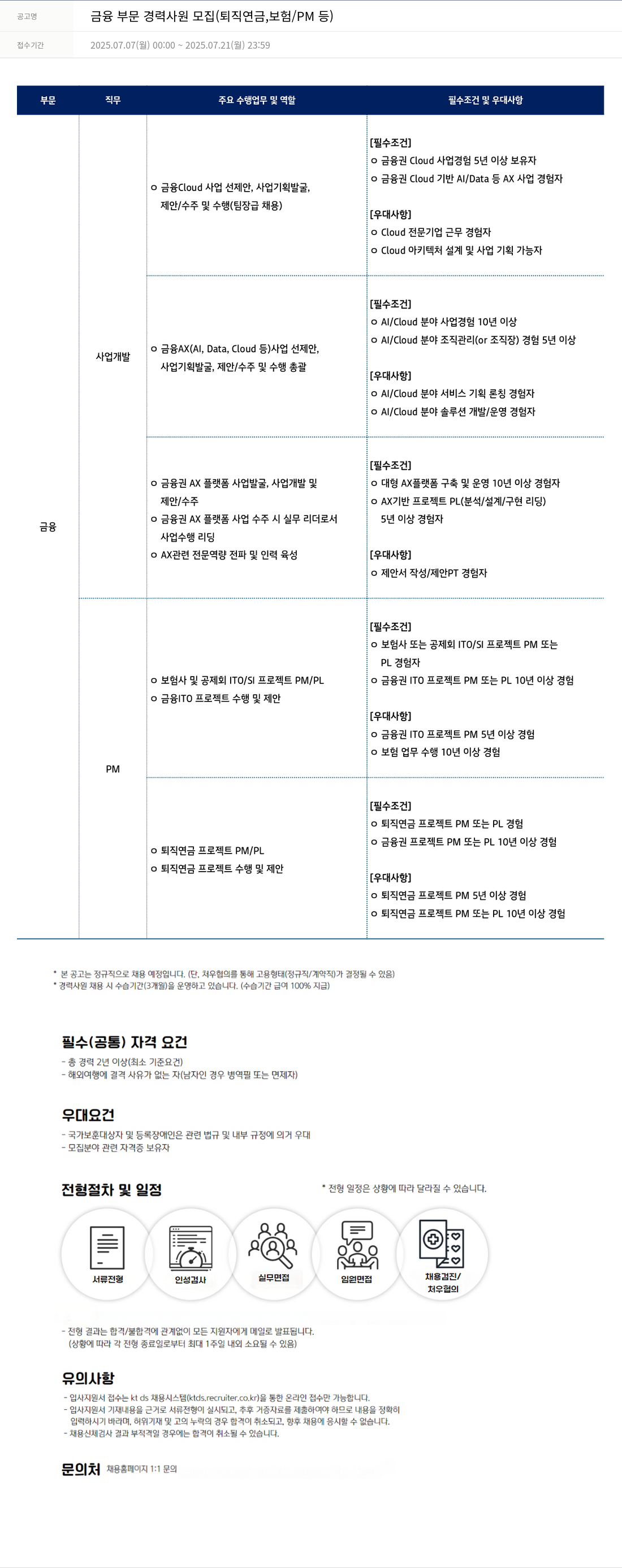 KTds 금융 부문 경력 사원 모집 (퇴직연금, 보험/PM 등) 채용공고