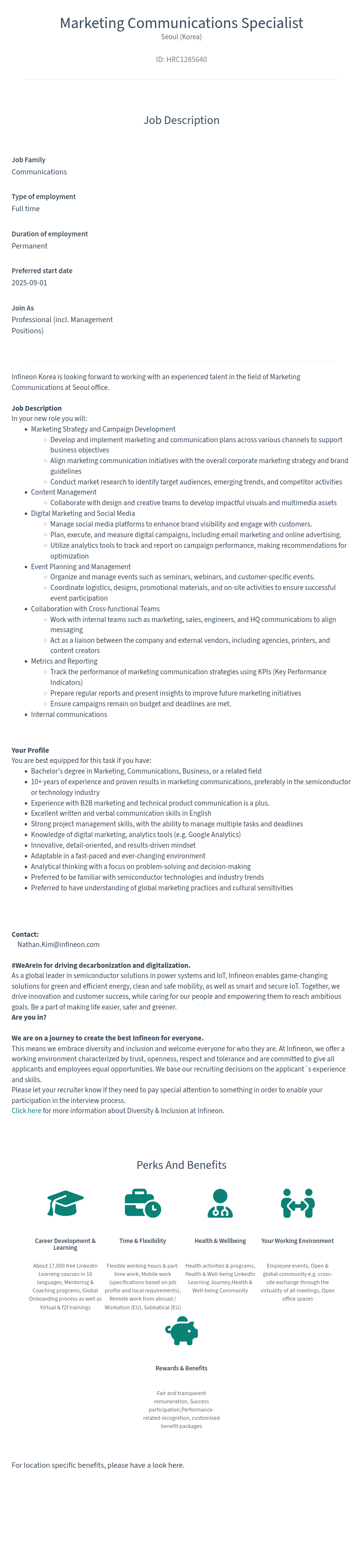 인피니언 Marketing Communications Specialist 채용공고