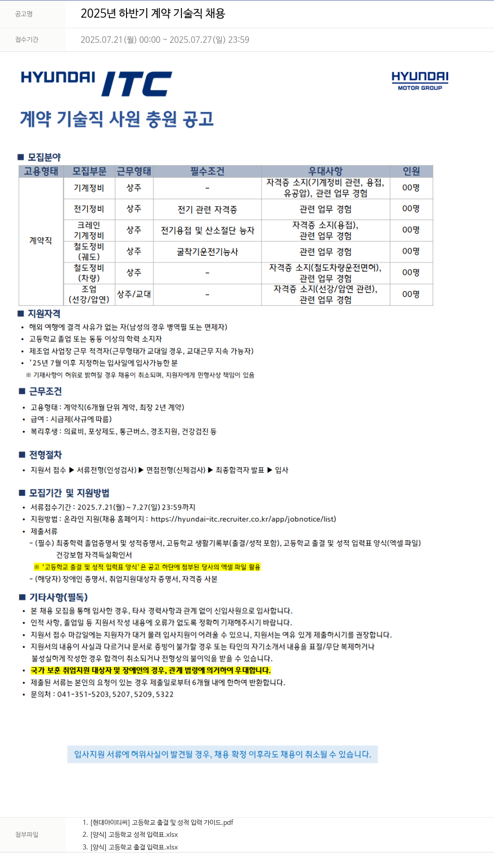 현대ITC 2025년 하반기 계약 기술직 채용 채용공고