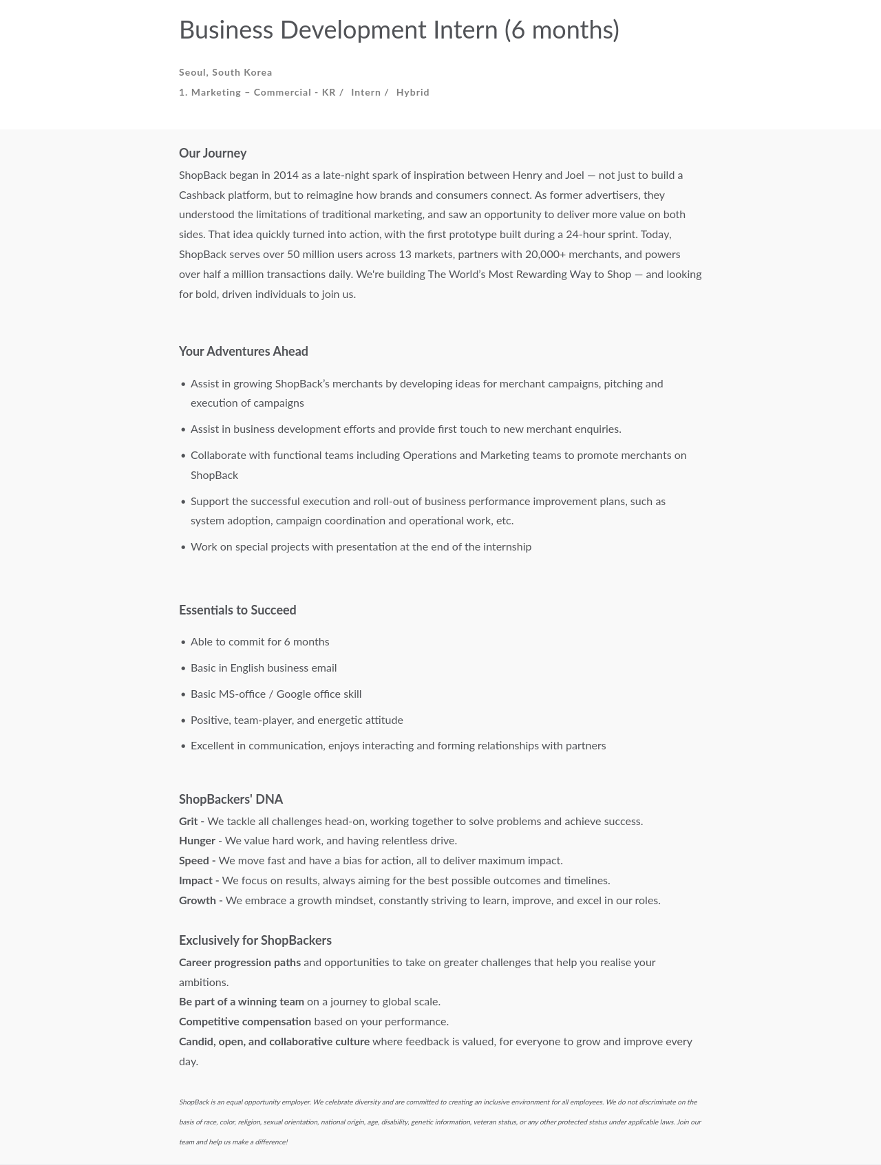 샵백 Business Development Intern (6 months) 채용공고