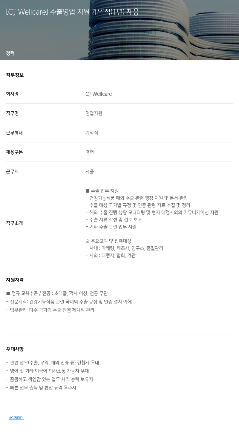 CJWellcare 수출 영업 지원 계약직 (1년) 채용 채용공고
