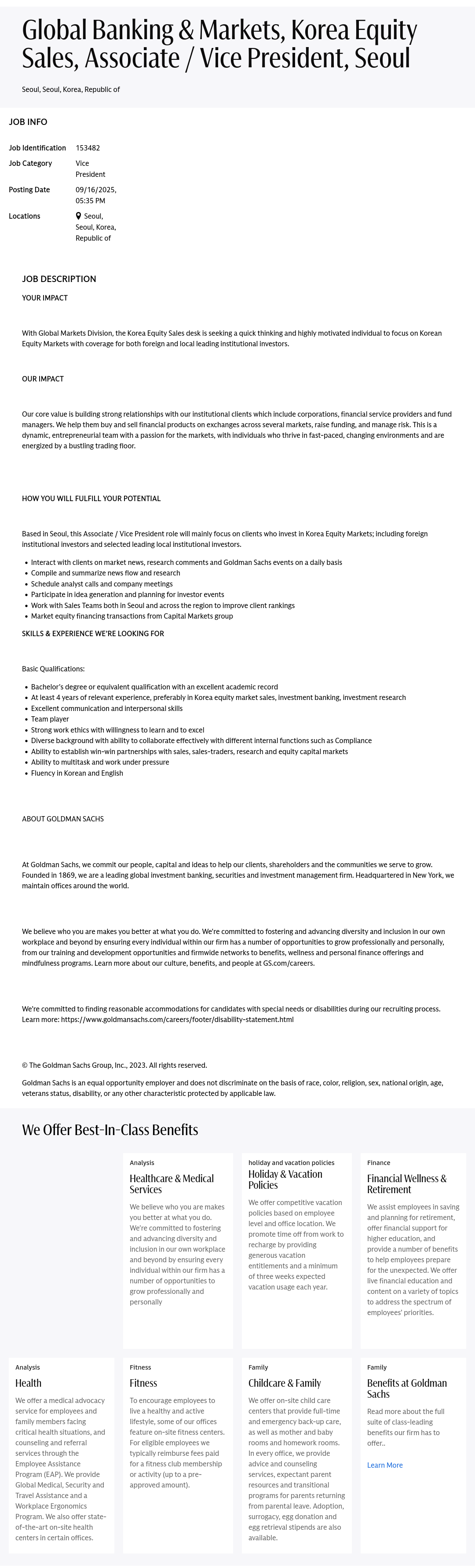 골드만삭스 Global Banking & Markets, Korea Equity Sales, Associate / Vice President 채용 채용공고