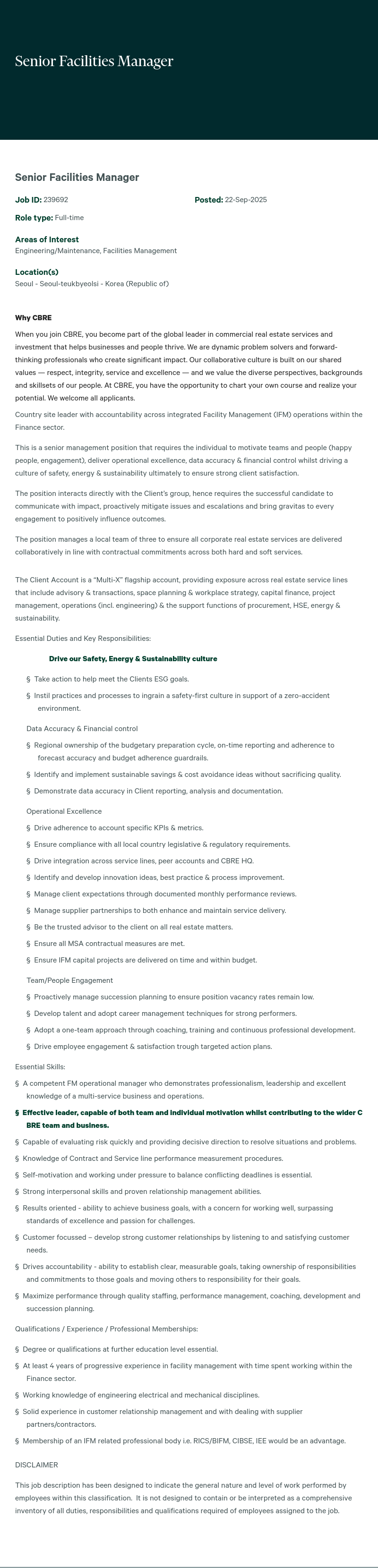CBRE코리아 Senior Facilities Manager 채용공고