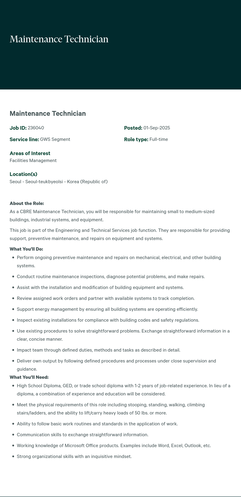 CBRE코리아 Maintenance Technician 채용공고