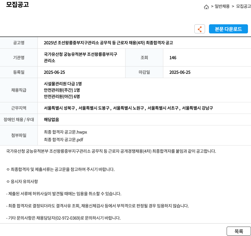 국가유산청궁능유적본부조선왕릉중부지구관리소 2025년 조선 왕릉 중부 지구 관리소 공무직 등 근로자 채용 (4차) 최종 합격자 공고 채용공고