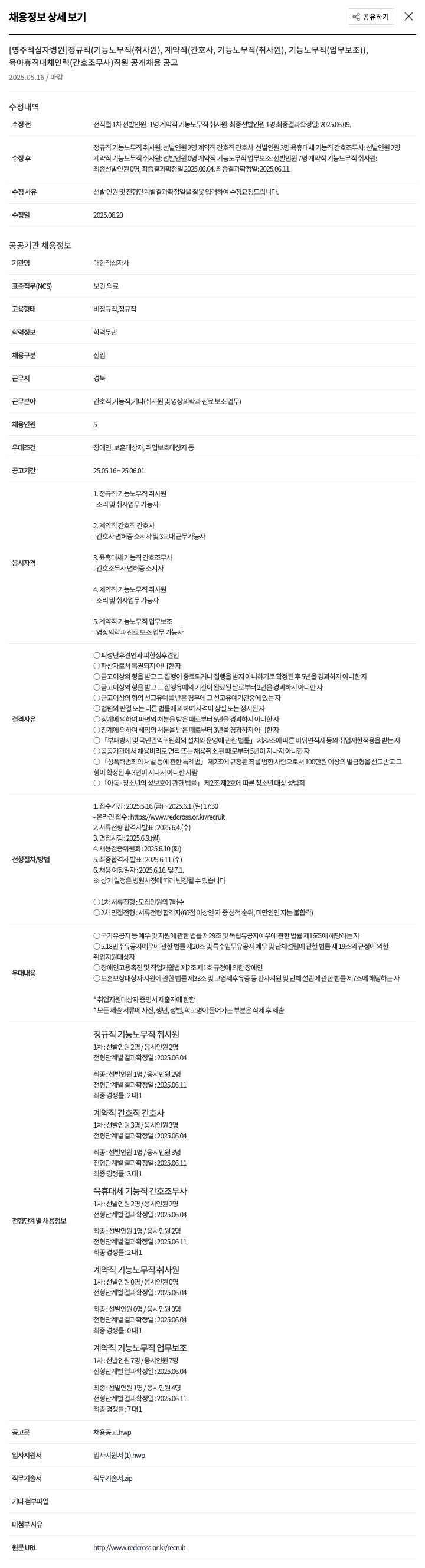 대한적십자사 영주적십자병원 정규직(기능노무직 취사원), 계약직(간호사, 기능노무직 취사원, 기능노무직 업무보조), 육아휴직 대체 인력(간호조무사) 직원 공개 채용 공고 채용공고